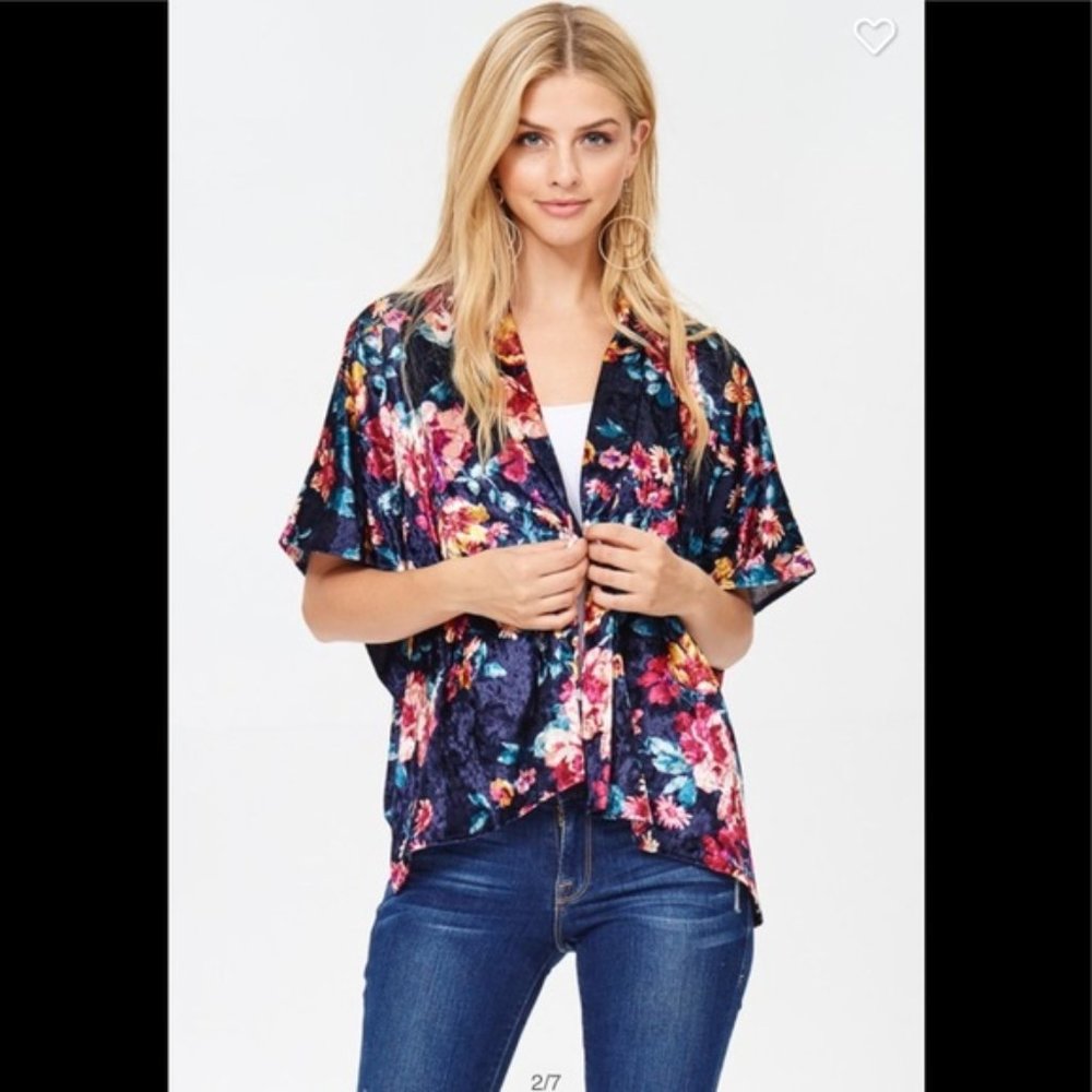 Navy Floral Velvet Kimono Jacket